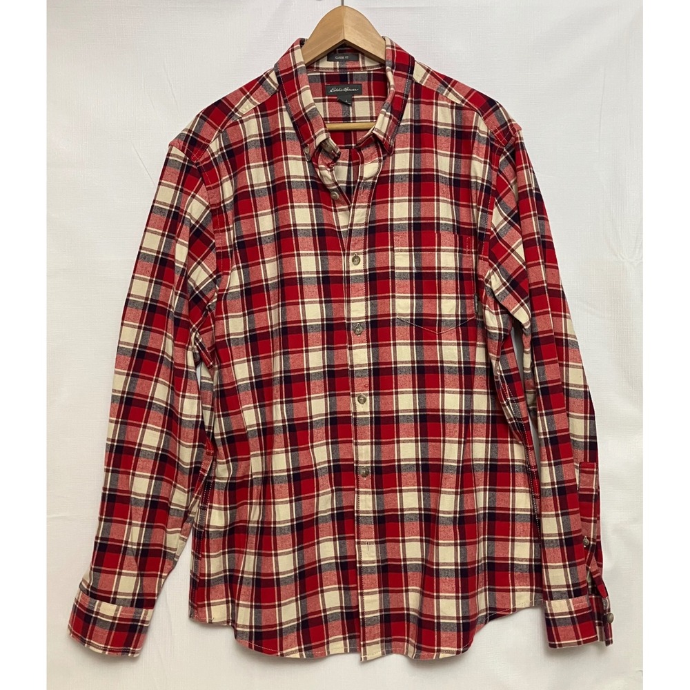 Eddie Bauer Button Down Shirt Mens L Red Plaid Excellent Flannel Classic Fit
